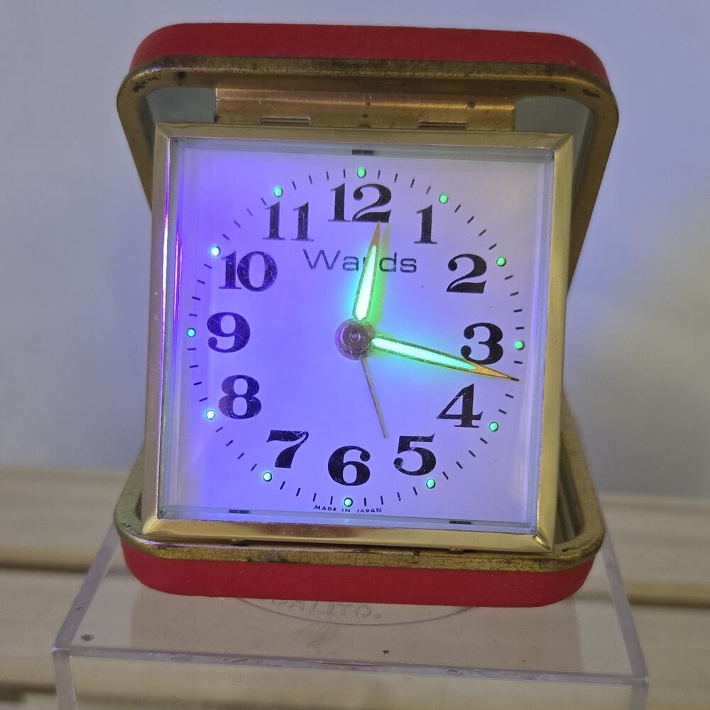 Wards Folding Travel Alarm Clock Analog Red/Gold Square Blacklight glow